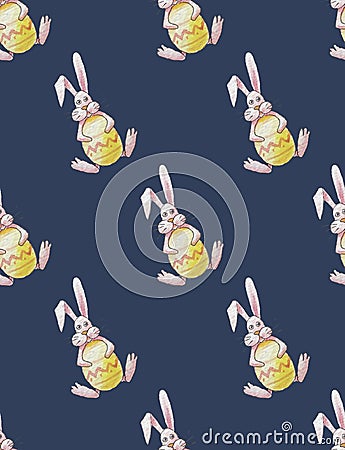 Seamless pattern of easter pink bunnies holding a yellow egg on a dark background Stock Photo